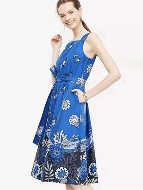 NWT Ann Taylor Petite Blue Floral Belted Poplin Midi Dress Square Neck 2P